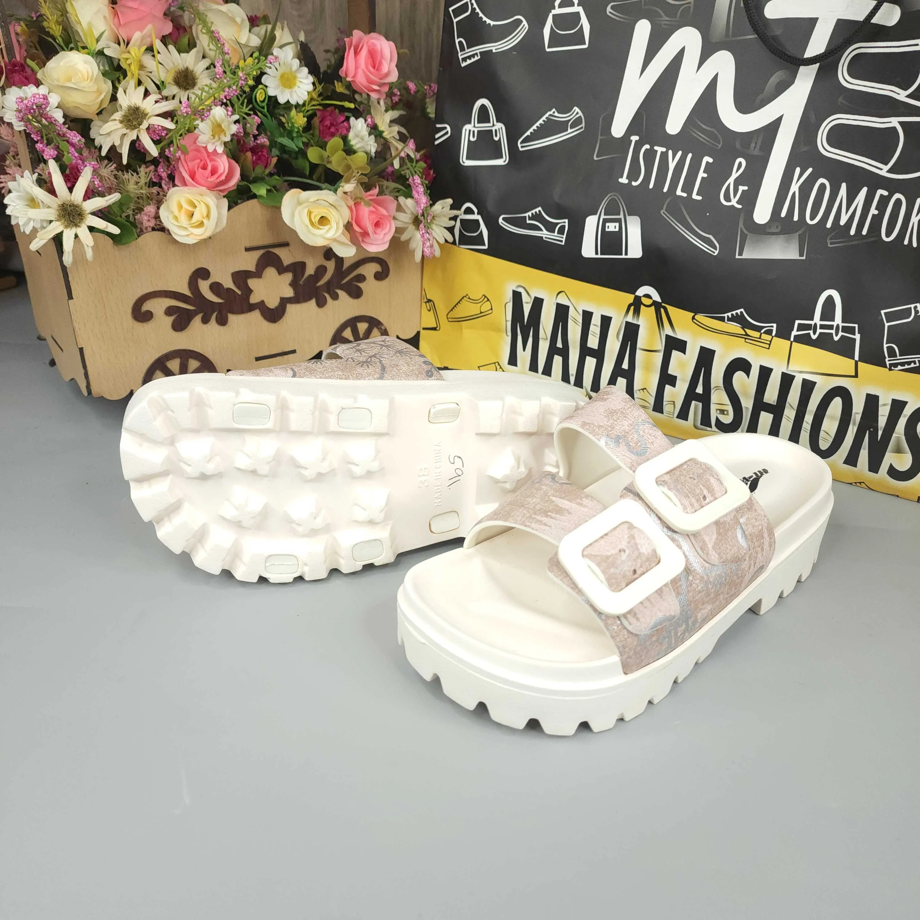 Beige Platform Slippers