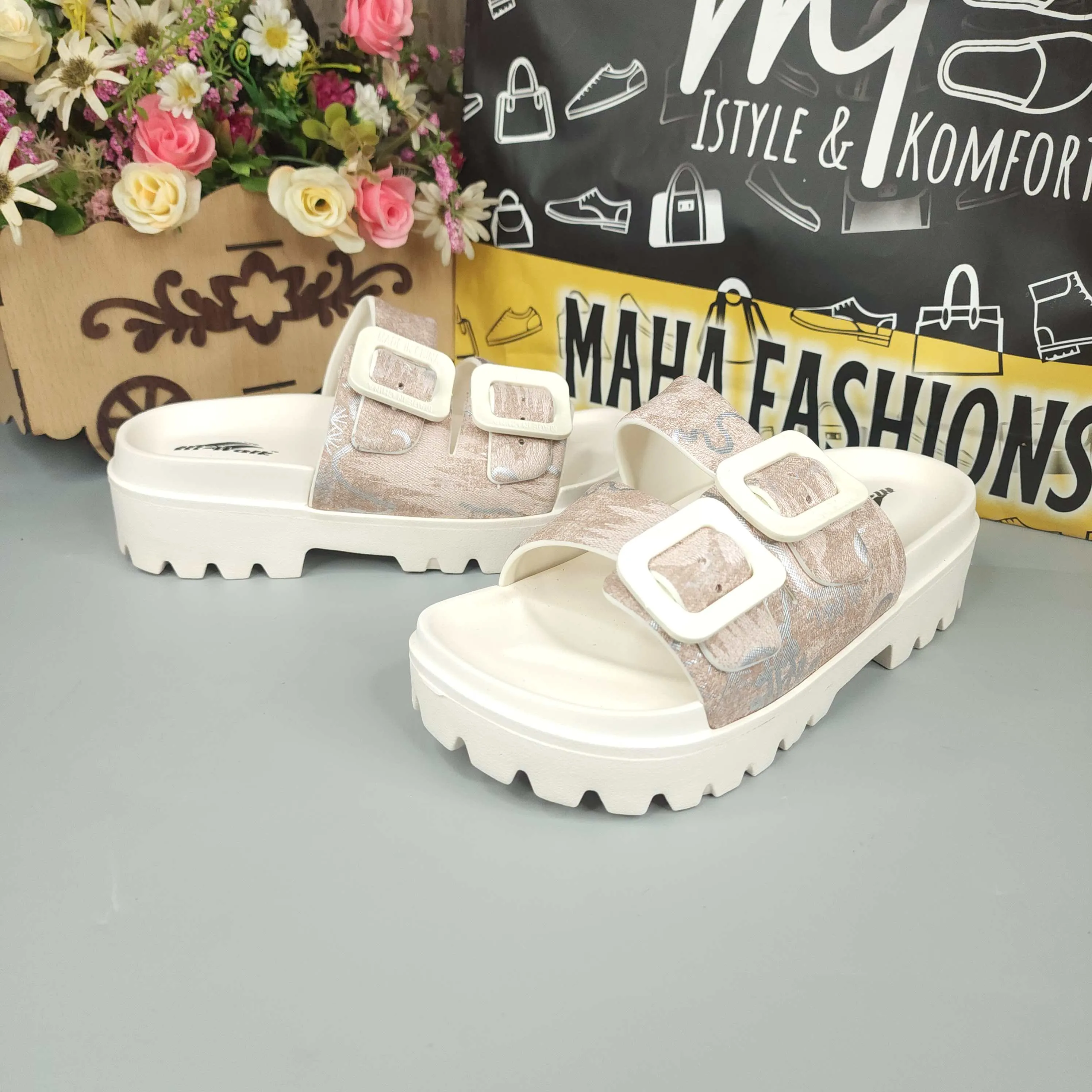 Beige Platform Slippers