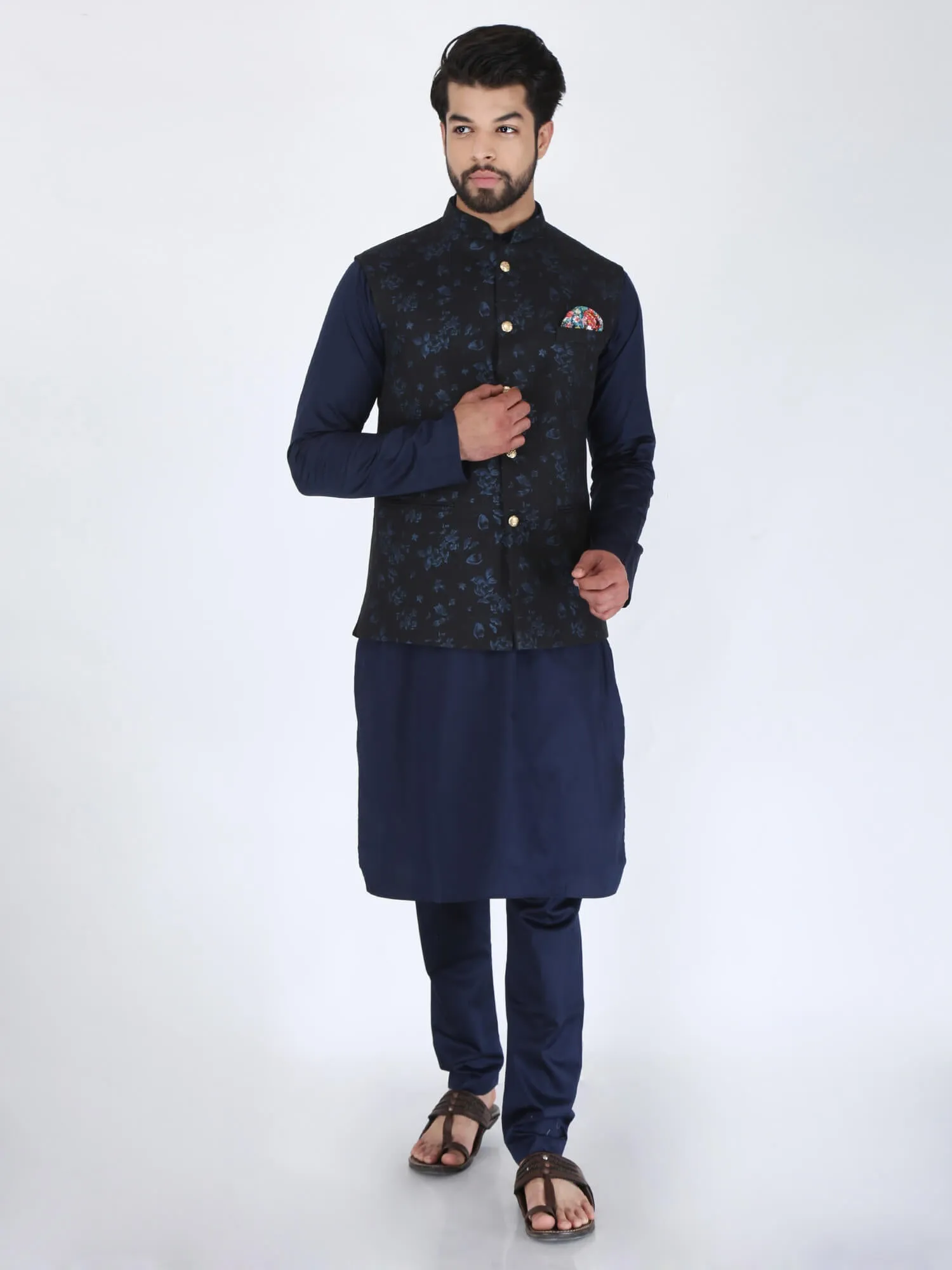Black Blue Flower Ethnic Jacket