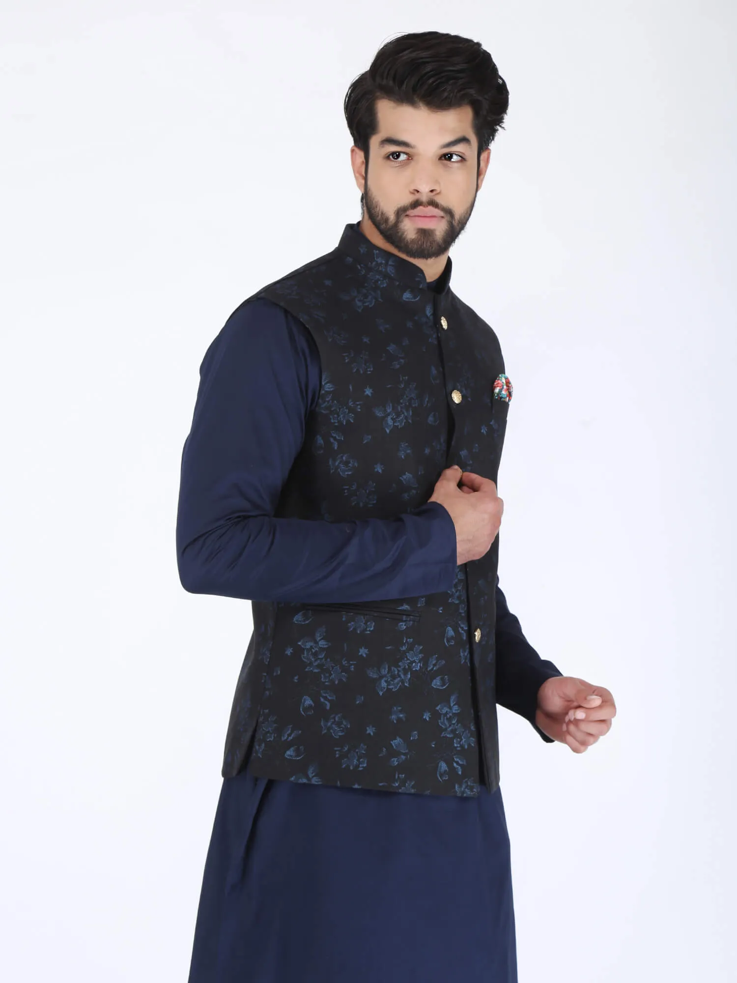 Black Blue Flower Ethnic Jacket