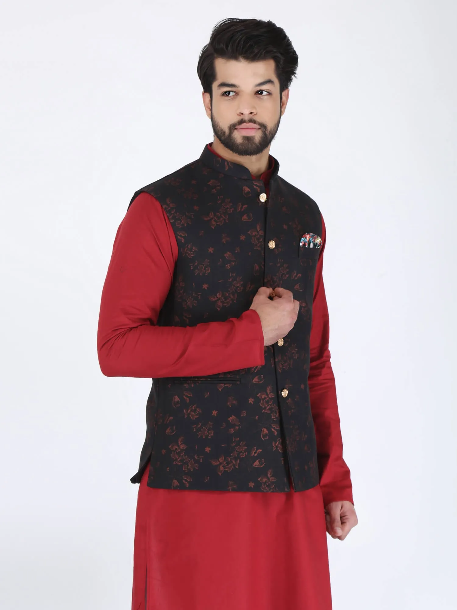 Black Maroon Flower Ethnic Jacket
