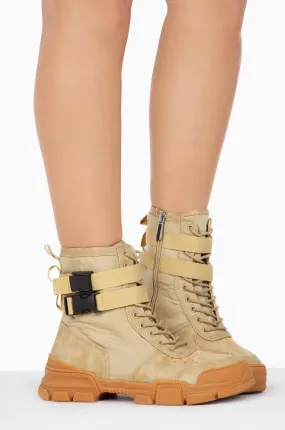Cape Robbin Utility Nude Lace Up Buckle Strap Chunky Sole Utility Sneaker Boots