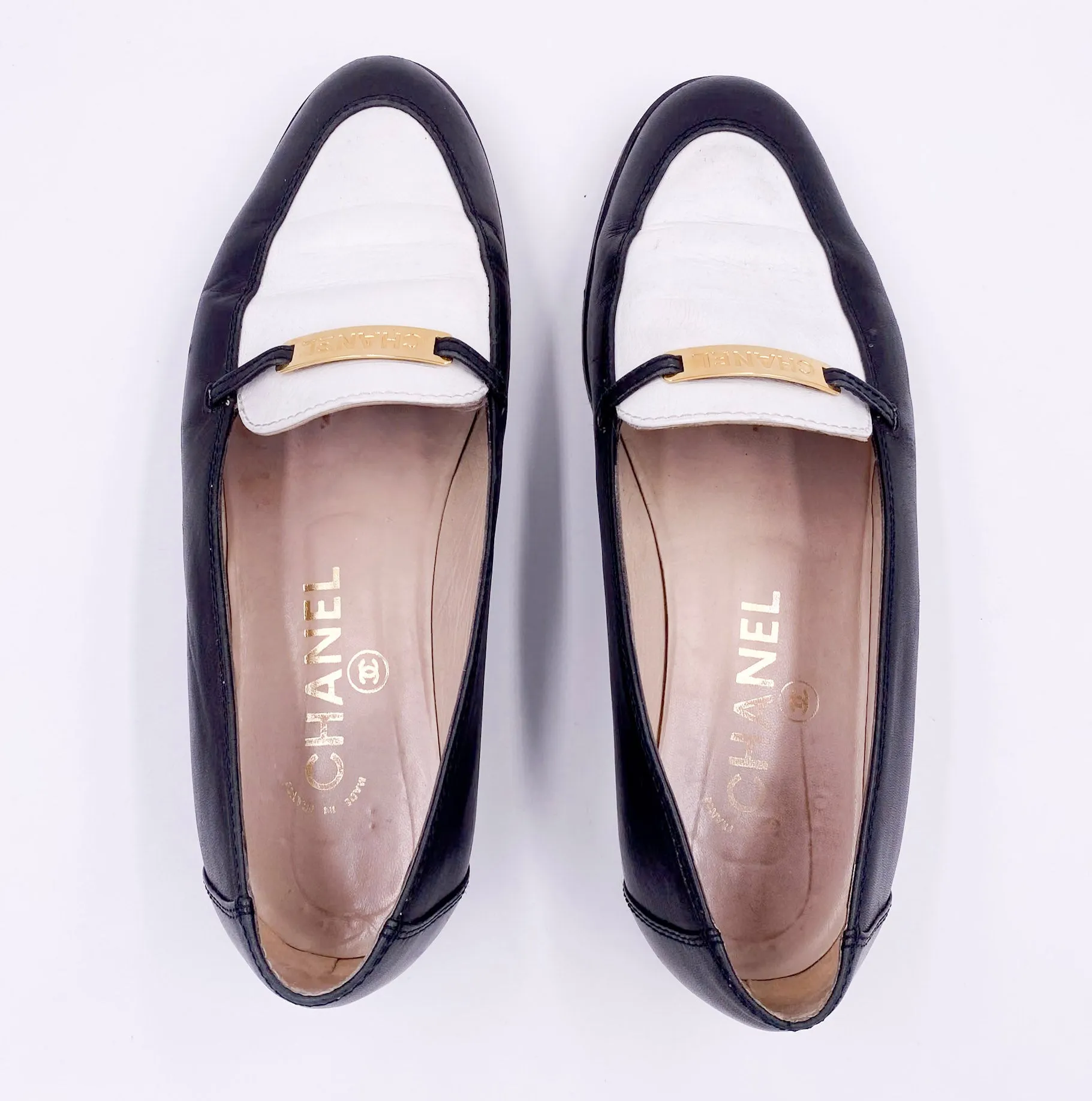 Chanel Black/White Loafers with Gold Emblem