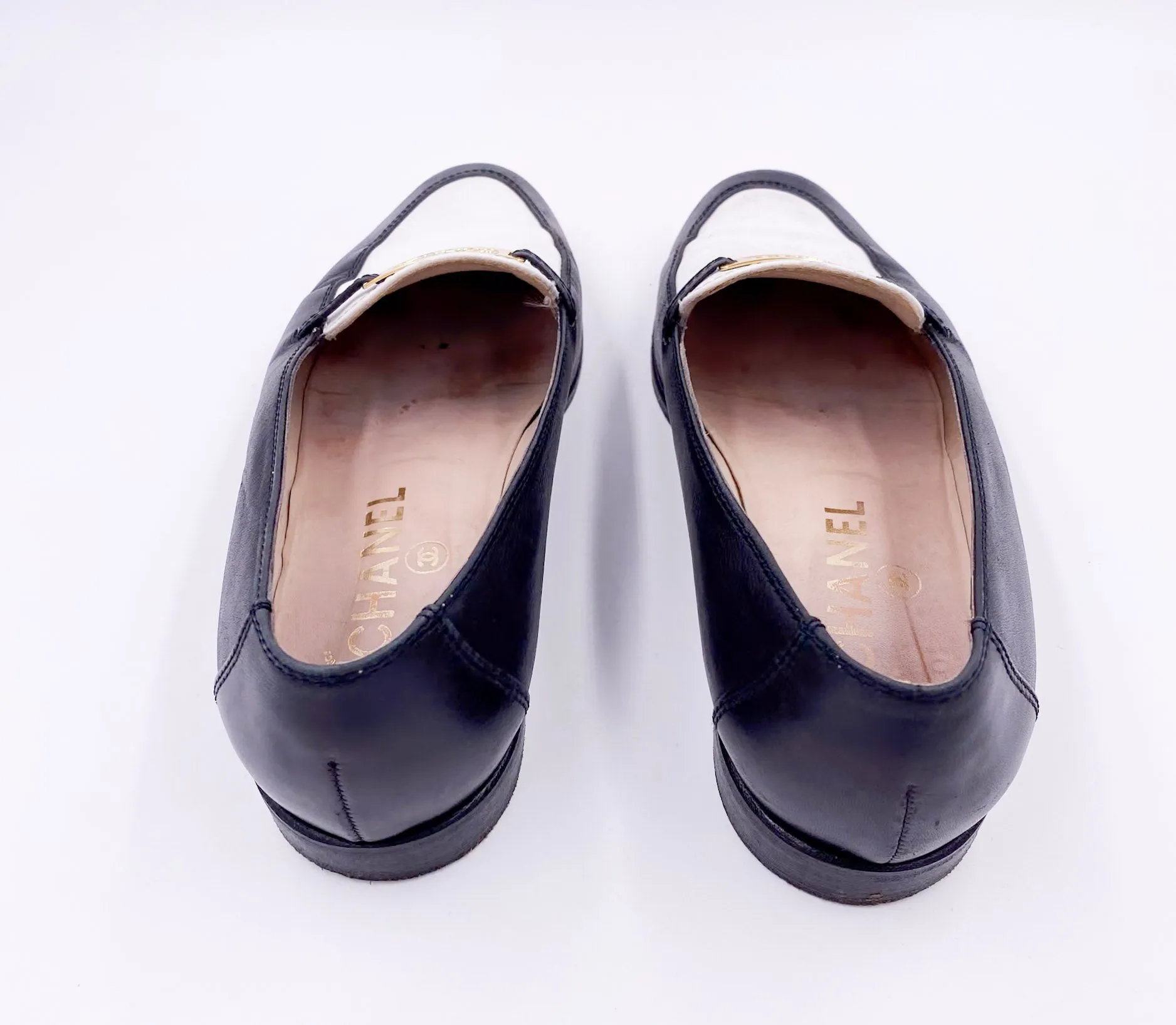 Chanel Black/White Loafers with Gold Emblem