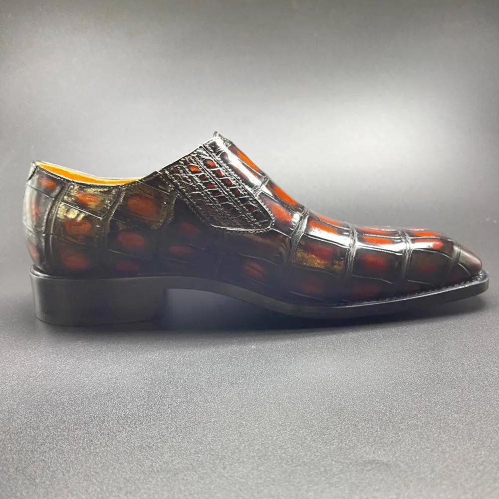 Crocodile Shoes Genuine Crocodile Leather Mens Penny Loafers Dress Shoes Hand Painted Vintage Brown