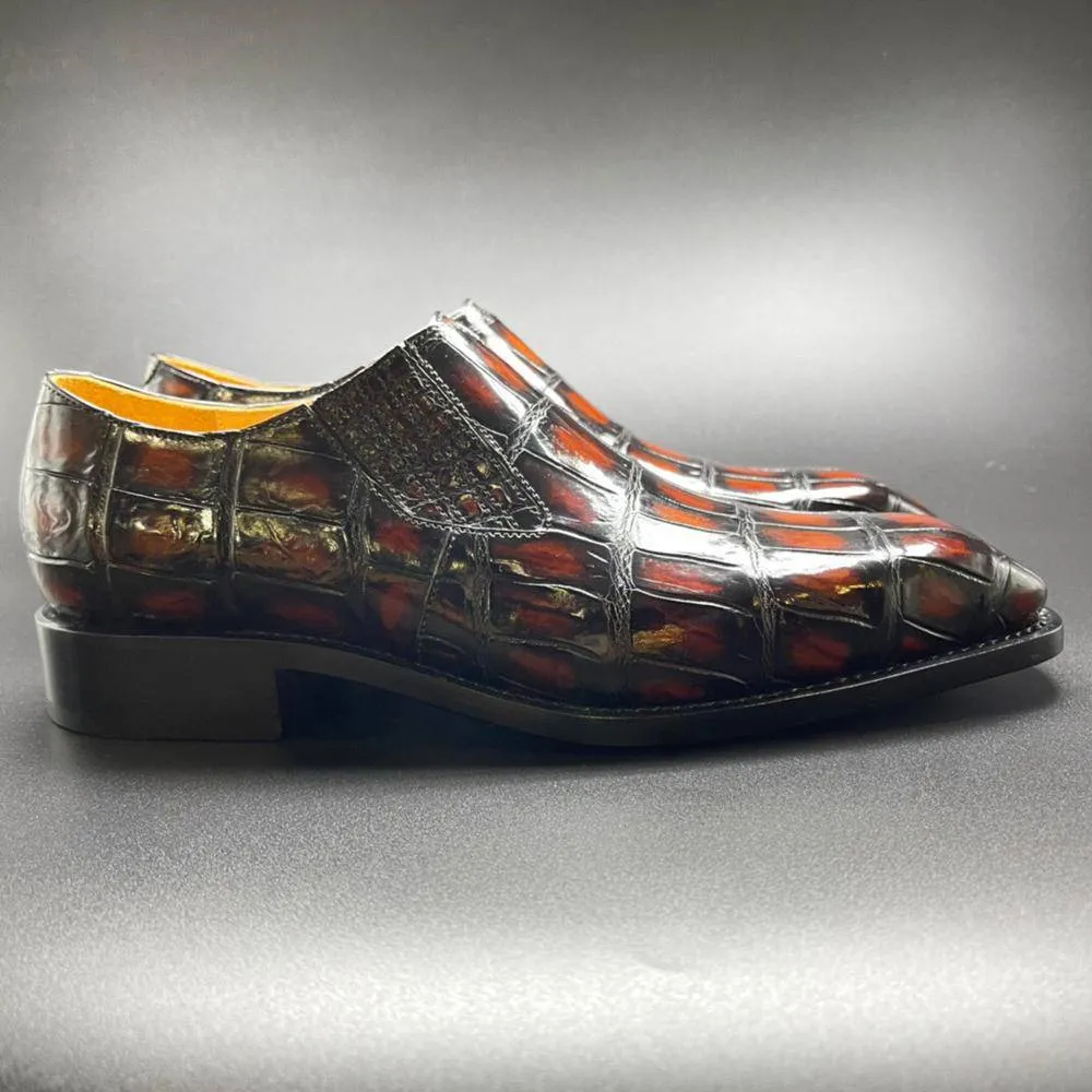 Crocodile Shoes Genuine Crocodile Leather Mens Penny Loafers Dress Shoes Hand Painted Vintage Brown