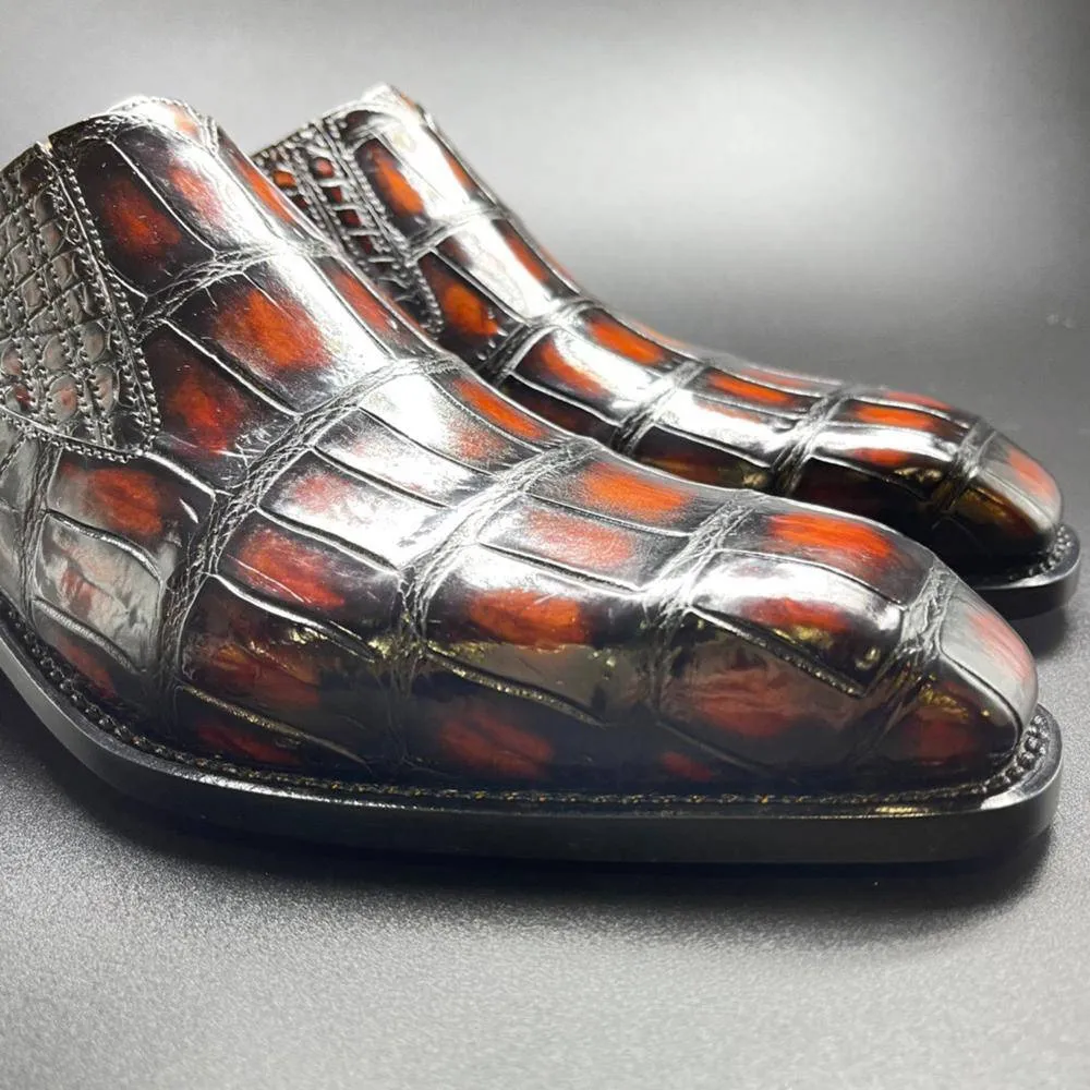 Crocodile Shoes Genuine Crocodile Leather Mens Penny Loafers Dress Shoes Hand Painted Vintage Brown