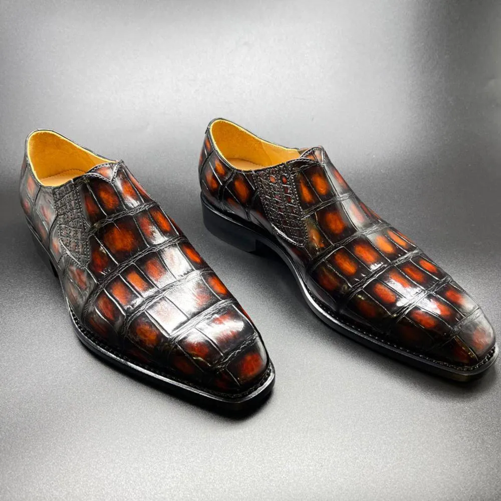 Crocodile Shoes Genuine Crocodile Leather Mens Penny Loafers Dress Shoes Hand Painted Vintage Brown