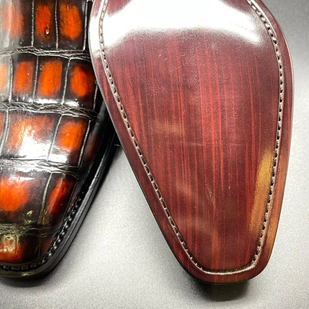 Crocodile Shoes Genuine Crocodile Leather Mens Penny Loafers Dress Shoes Hand Painted Vintage Brown