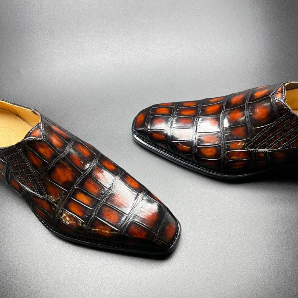 Crocodile Shoes Genuine Crocodile Leather Mens Penny Loafers Dress Shoes Hand Painted Vintage Brown