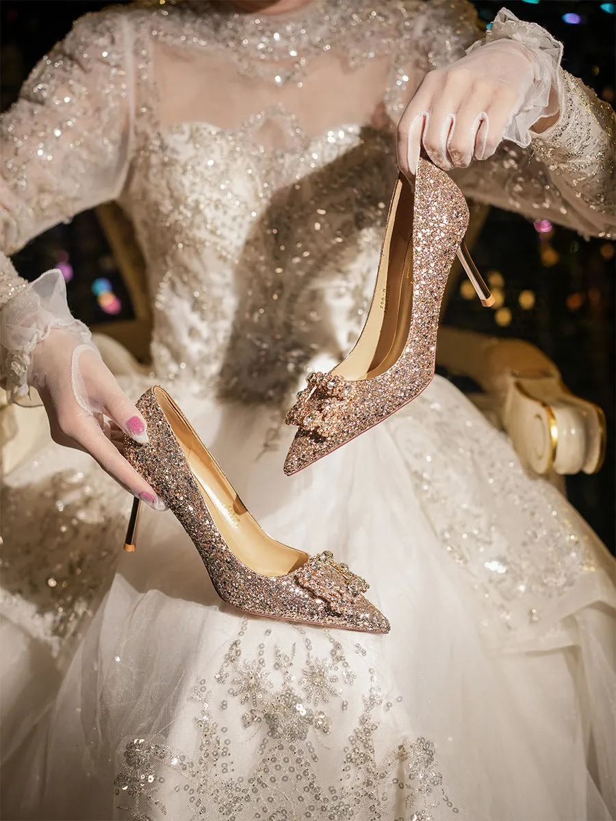 Elegant High Heels with Diamonds Wedding Shoes