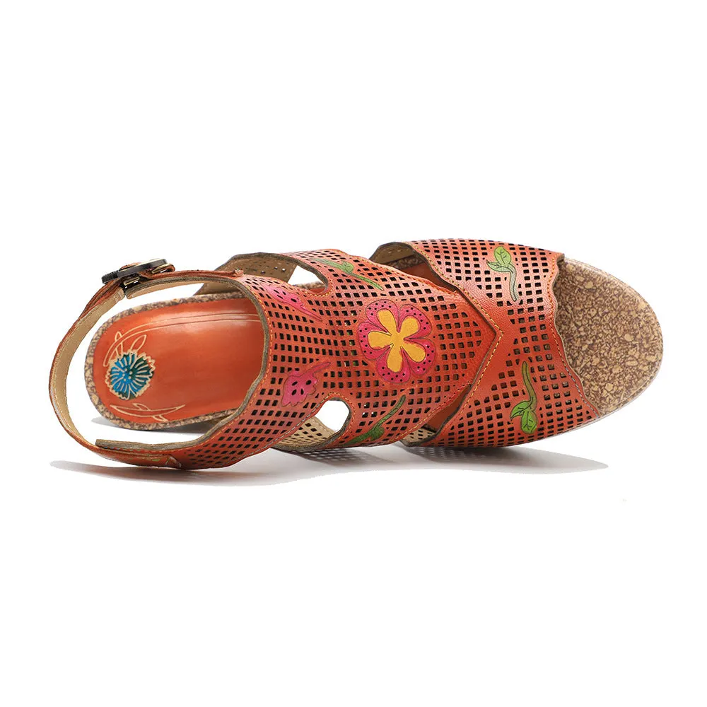 Hand-polished Retro Leather Hollowed-out Color-layered Leather High-heeled Sandals