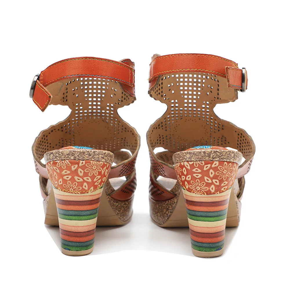 Hand-polished Retro Leather Hollowed-out Color-layered Leather High-heeled Sandals