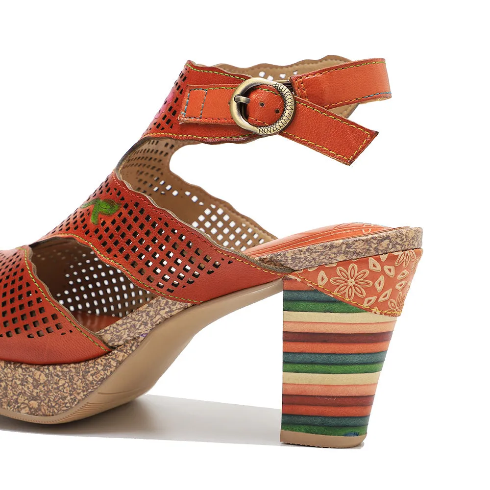 Hand-polished Retro Leather Hollowed-out Color-layered Leather High-heeled Sandals