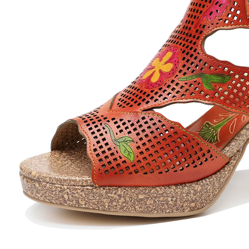 Hand-polished Retro Leather Hollowed-out Color-layered Leather High-heeled Sandals
