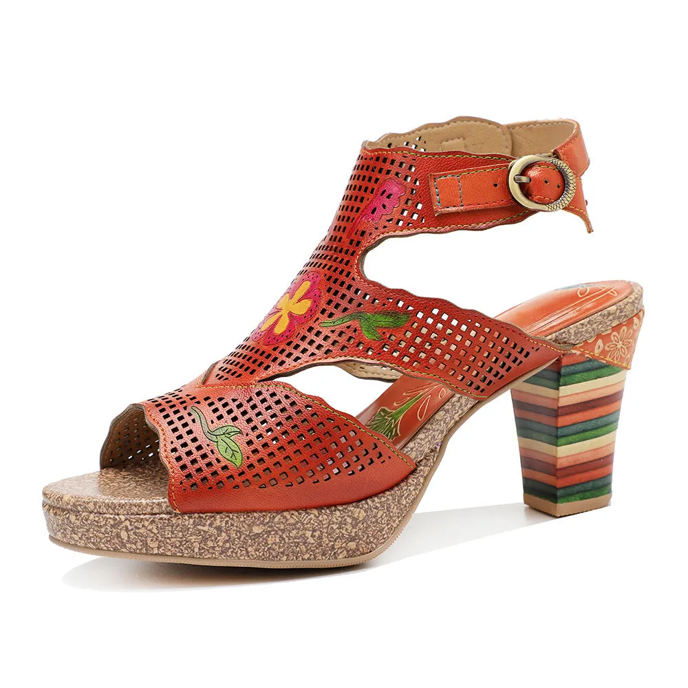 Hand-polished Retro Leather Hollowed-out Color-layered Leather High-heeled Sandals
