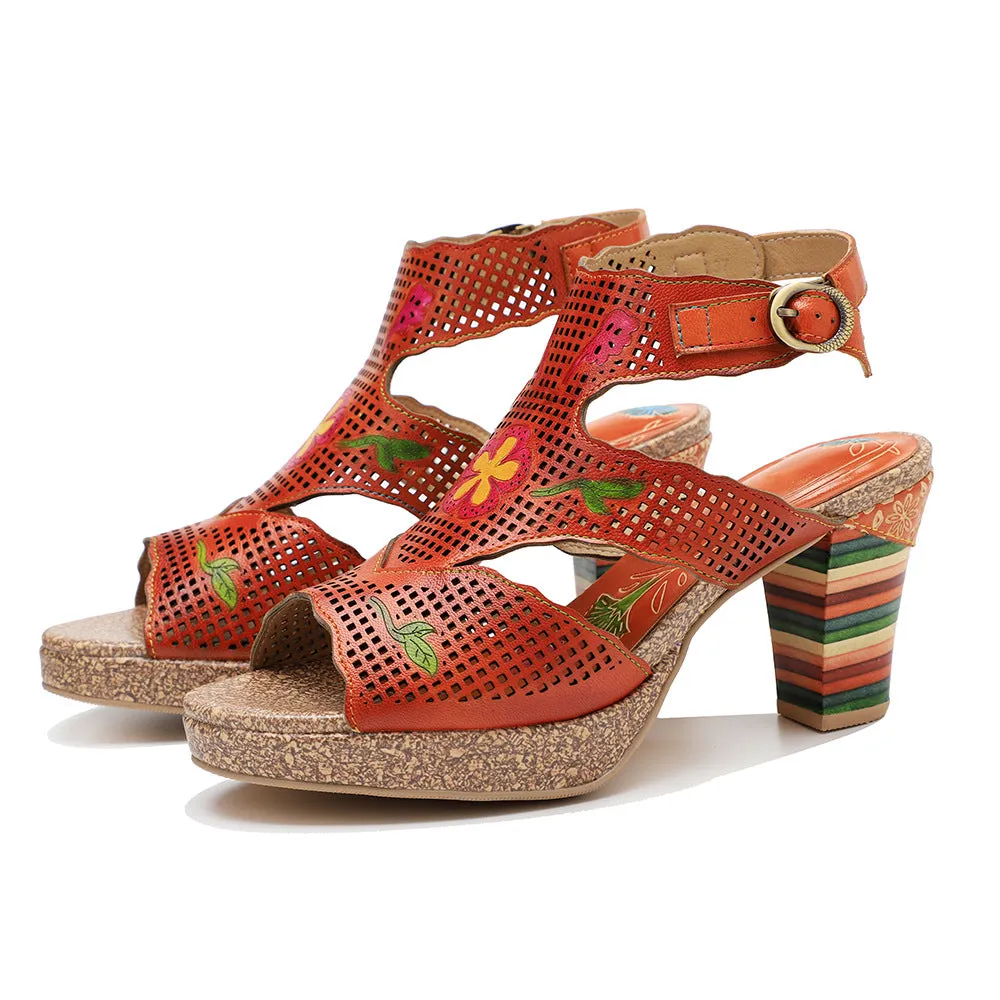 Hand-polished Retro Leather Hollowed-out Color-layered Leather High-heeled Sandals