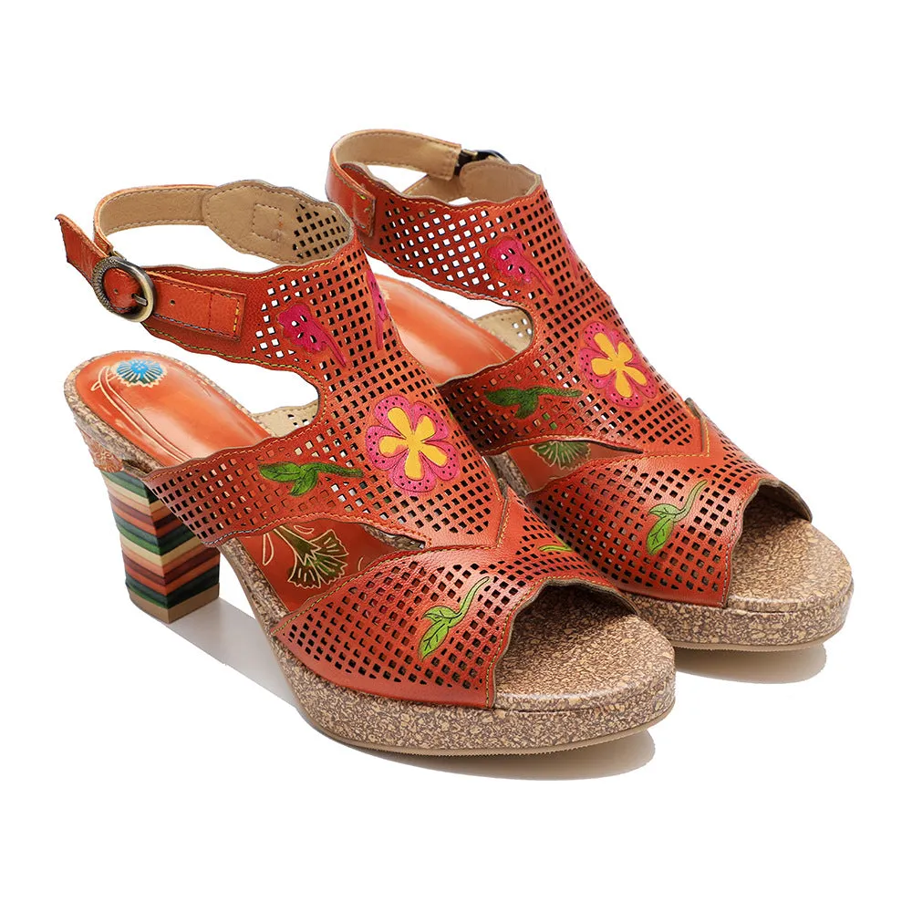 Hand-polished Retro Leather Hollowed-out Color-layered Leather High-heeled Sandals