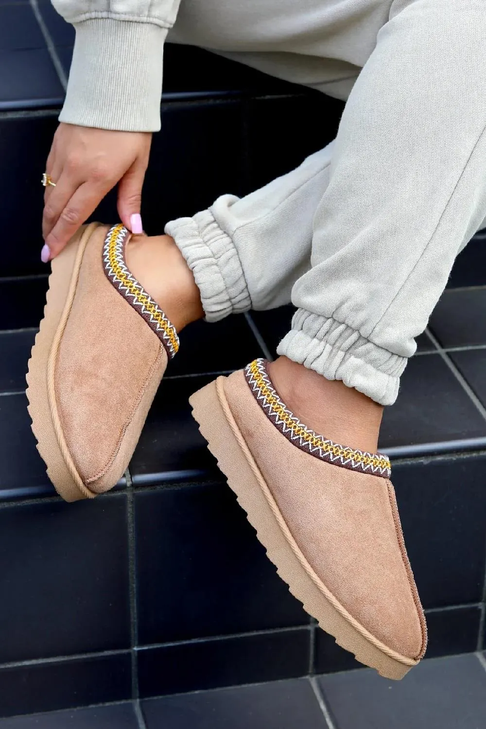 House Of Sehrish MX11 Camel Faux Suede Embroidered Cozy Slipper Boots