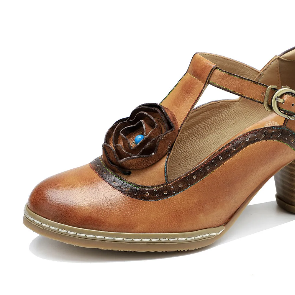 Leather Hand-polished Flower Retro High-heeled Shoes