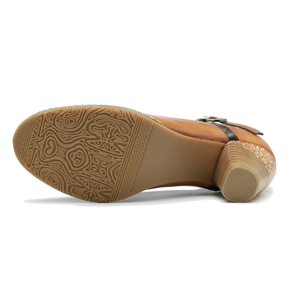 Leather Hand-polished Flower Retro High-heeled Shoes