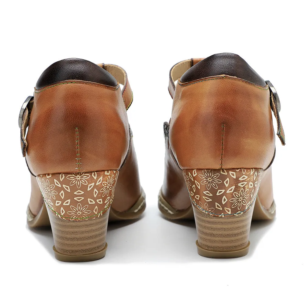 Leather Hand-polished Flower Retro High-heeled Shoes