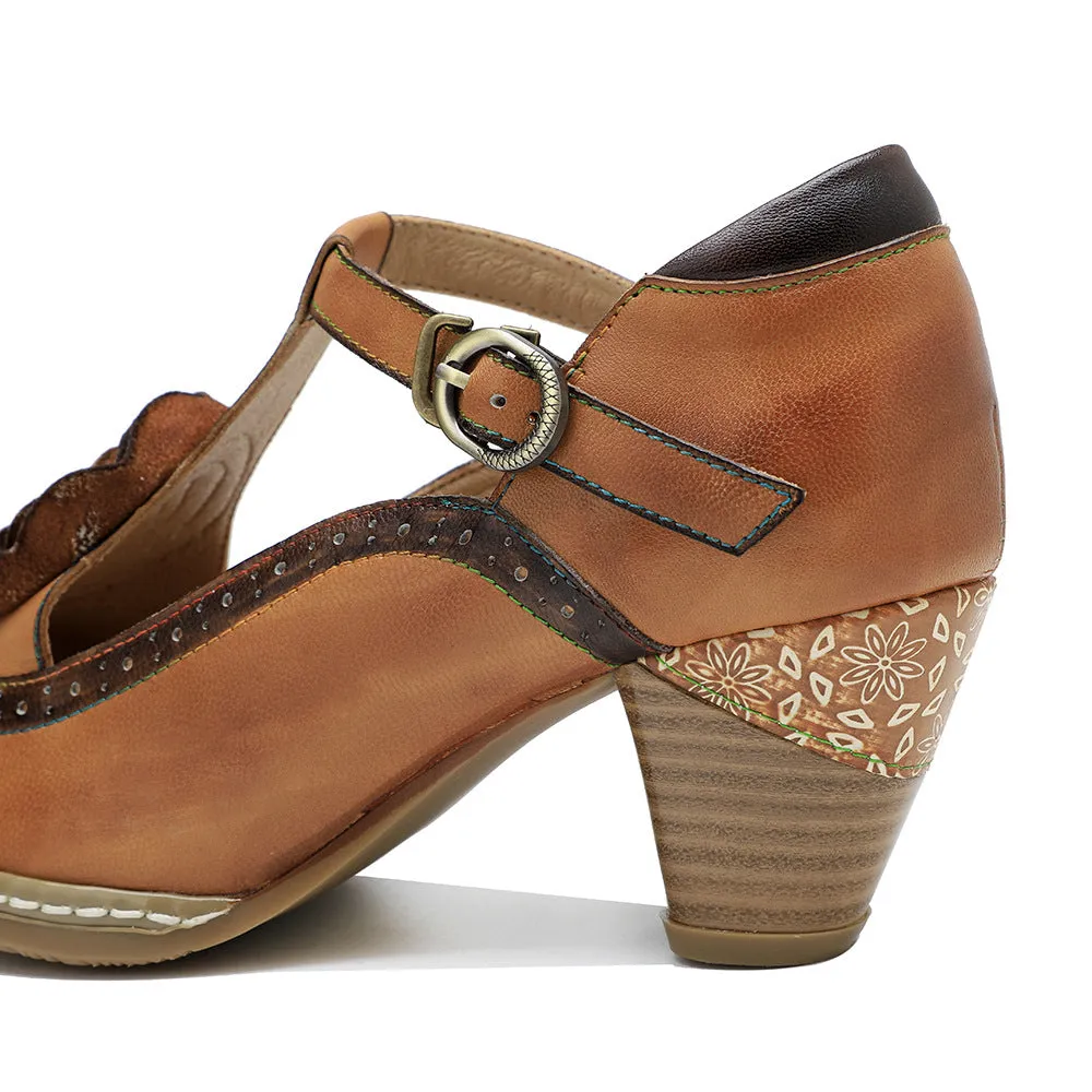 Leather Hand-polished Flower Retro High-heeled Shoes