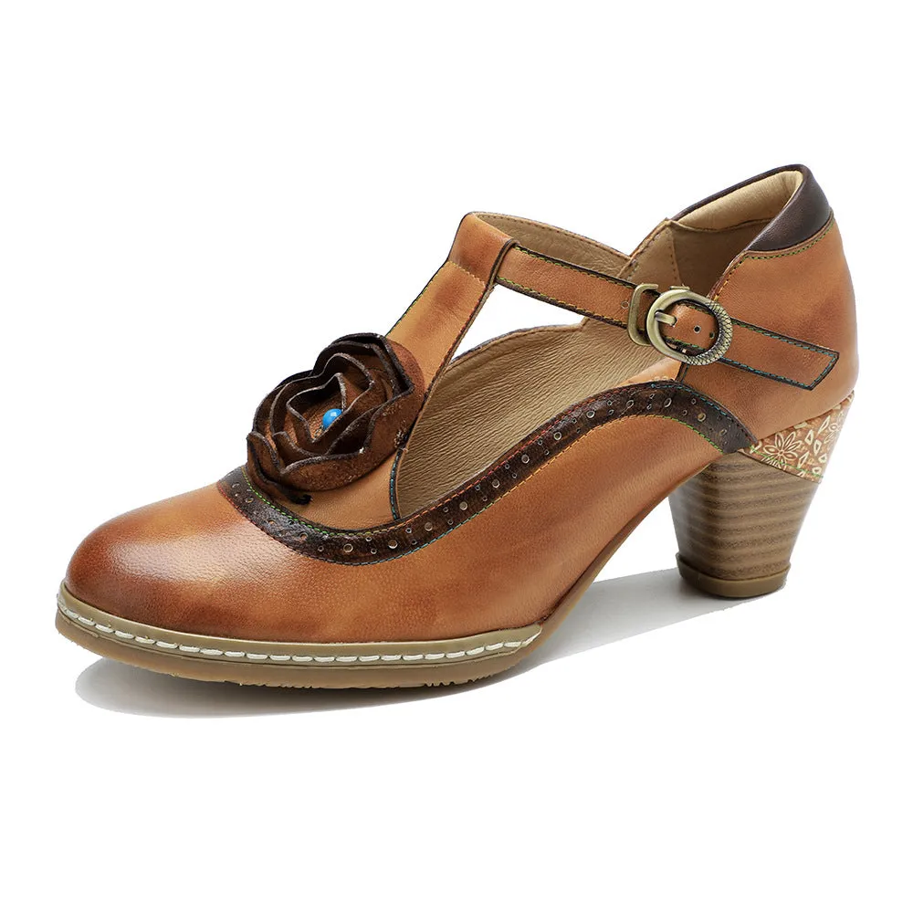 Leather Hand-polished Flower Retro High-heeled Shoes