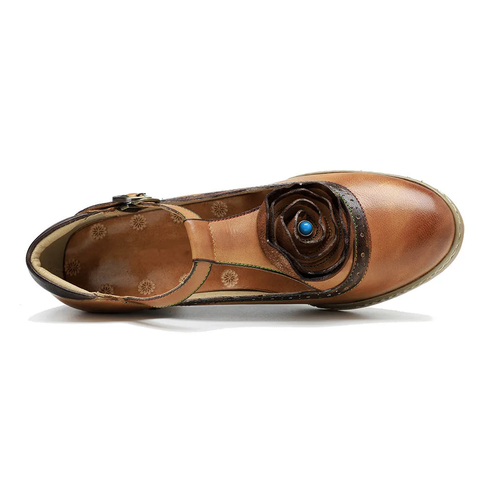 Leather Hand-polished Flower Retro High-heeled Shoes