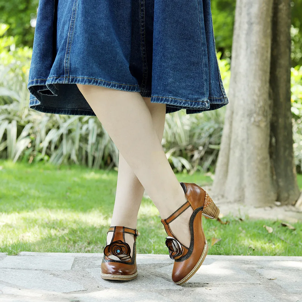 Leather Hand-polished Flower Retro High-heeled Shoes