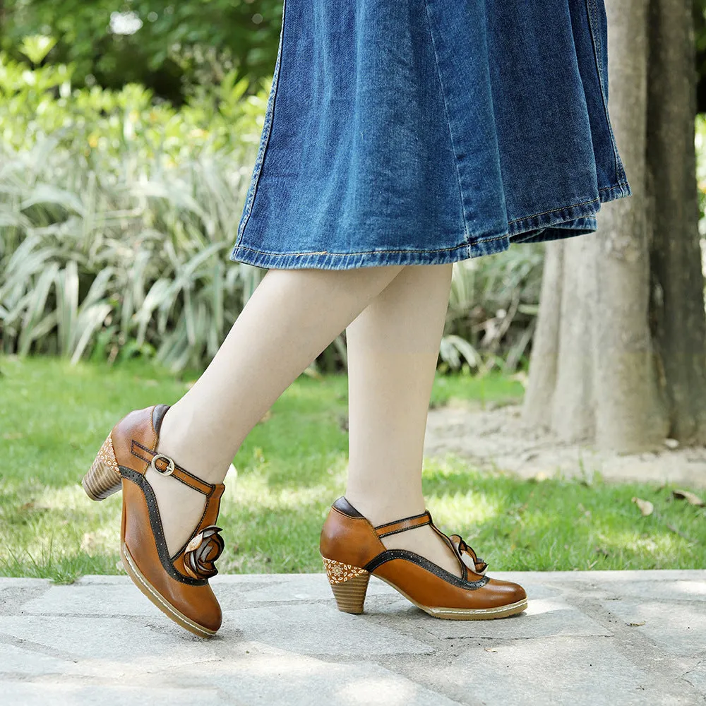 Leather Hand-polished Flower Retro High-heeled Shoes
