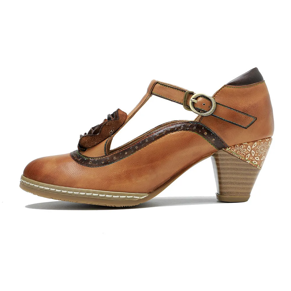 Leather Hand-polished Flower Retro High-heeled Shoes