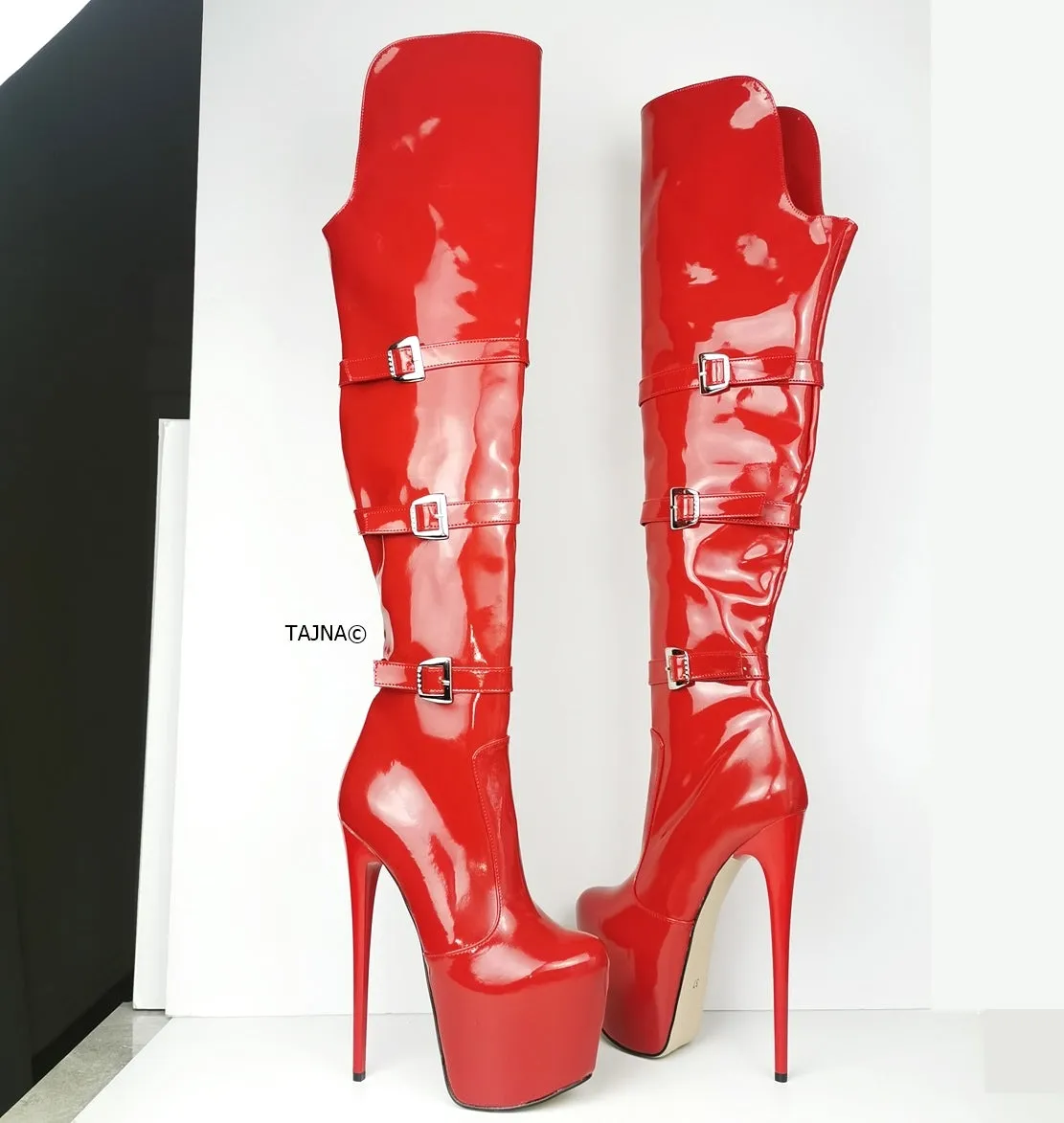 Red Patent Belted Knee High Boots