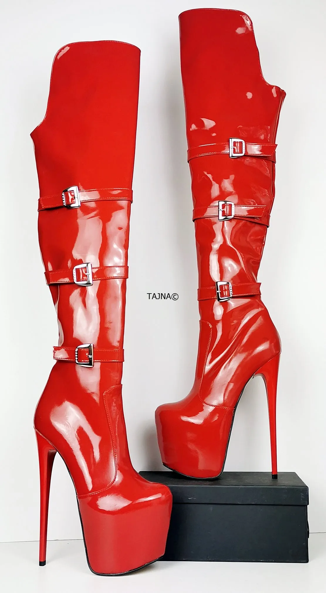 Red Patent Belted Knee High Boots