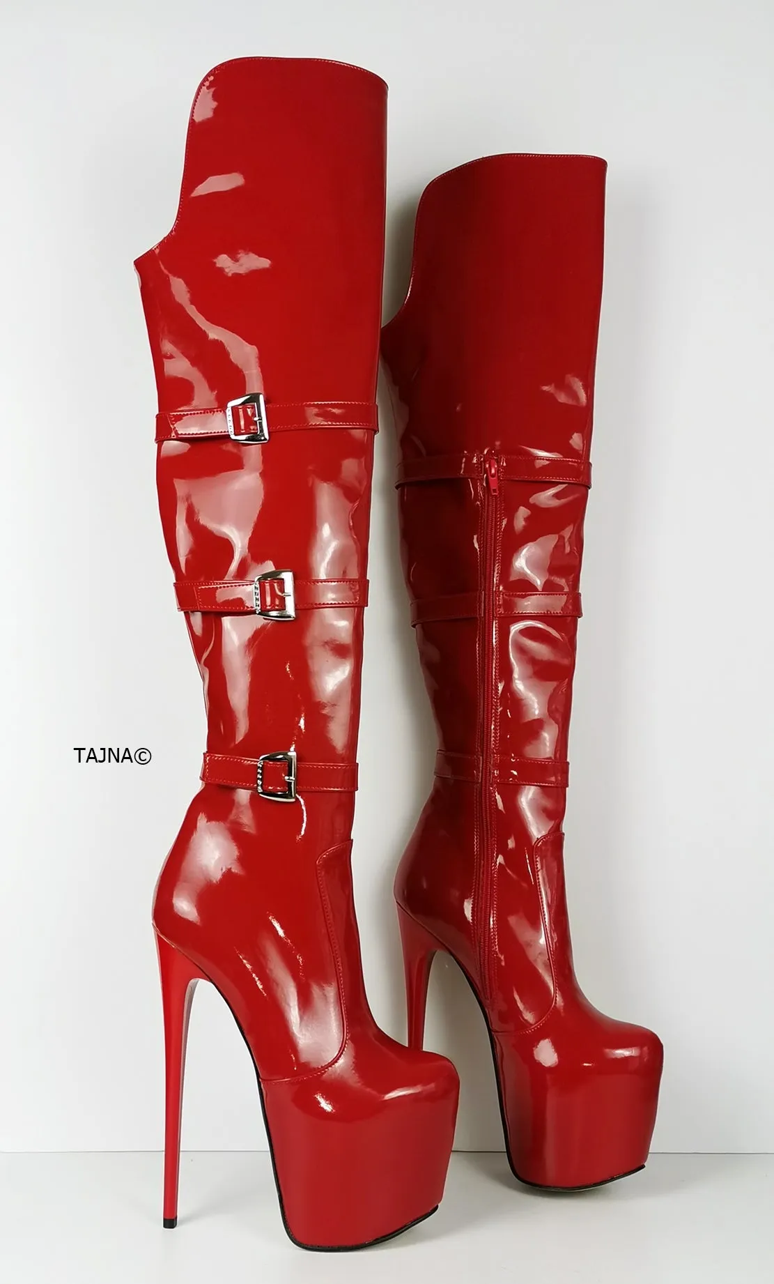 Red Patent Belted Knee High Boots