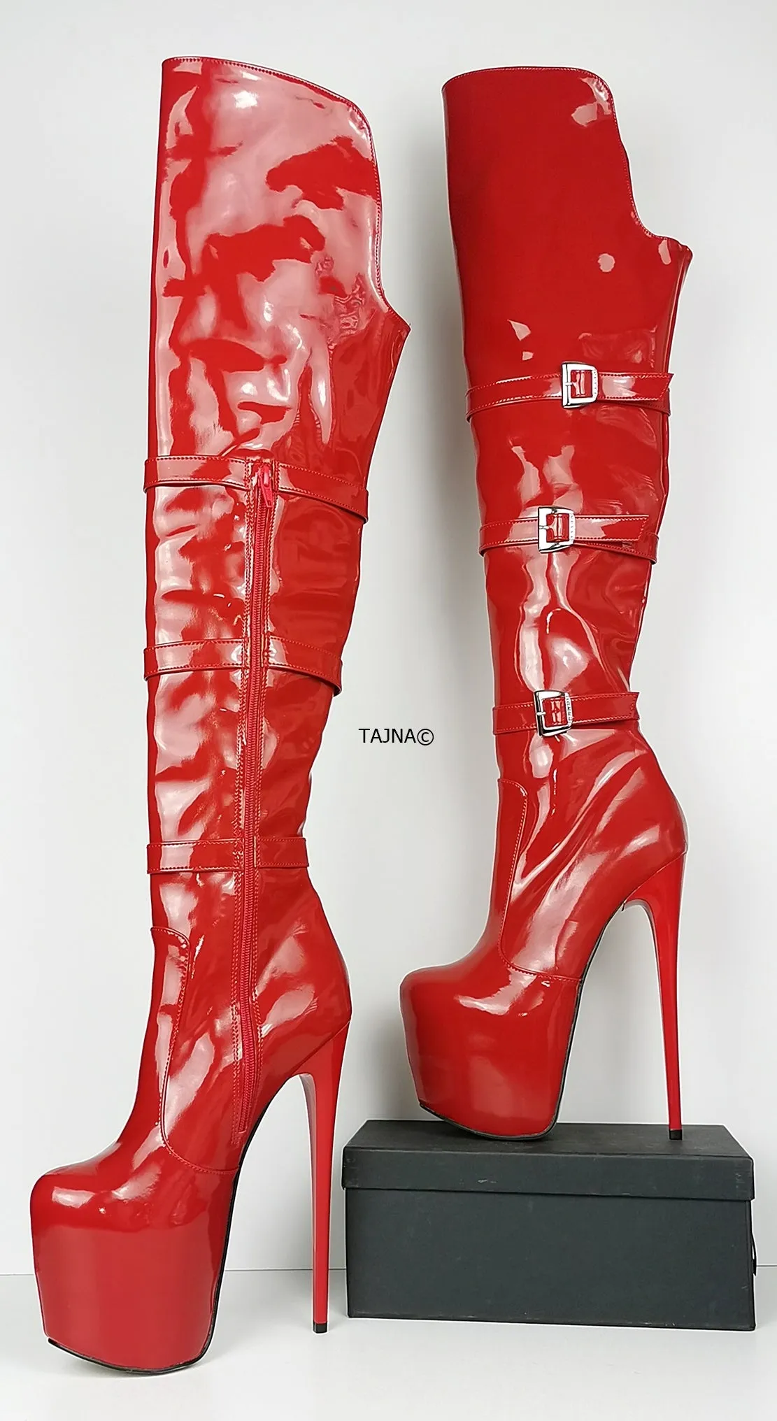 Red Patent Belted Knee High Boots