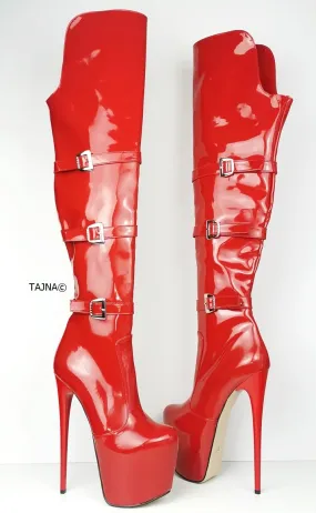 Red Patent Belted Knee High Boots