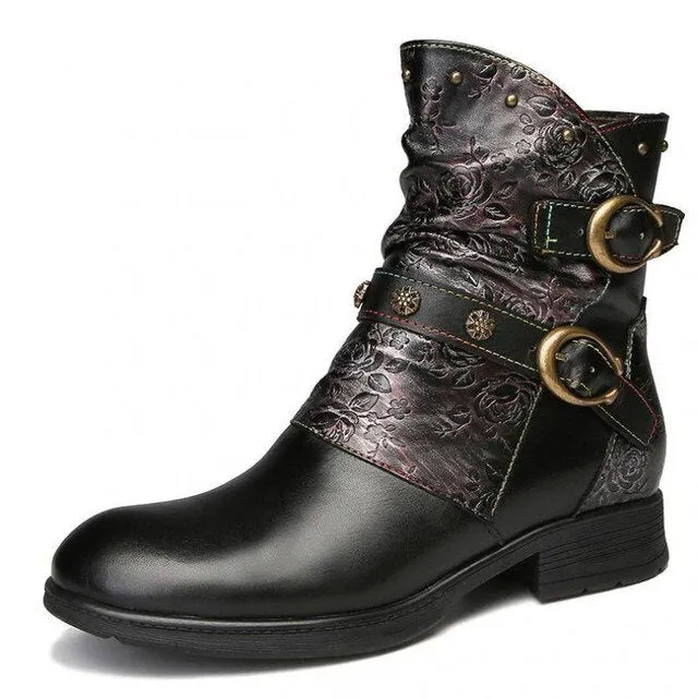 Retro Painted Buckle Flat Boots