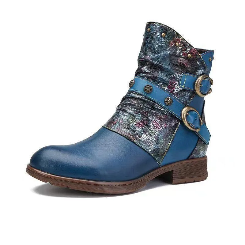 Retro Painted Buckle Flat Boots