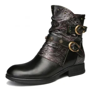Retro Painted Buckle Flat Boots