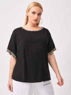 Round neck top with leopard trim collar and sleeves