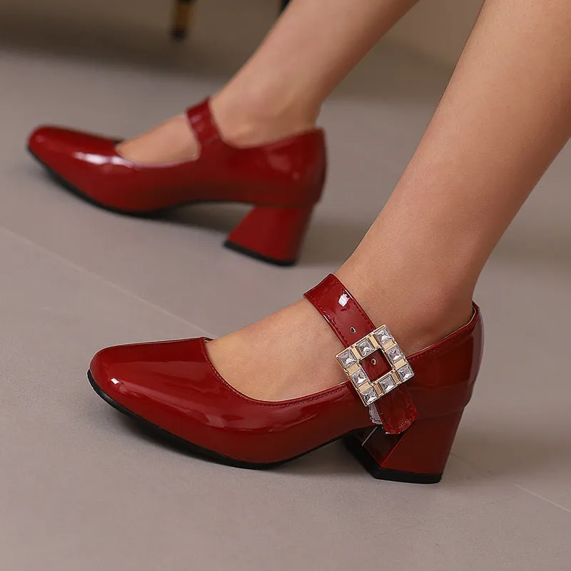 Round Toe Block Medium Heel Women's One-button Lacquered Shallow Mouth Retro Elegant Heels