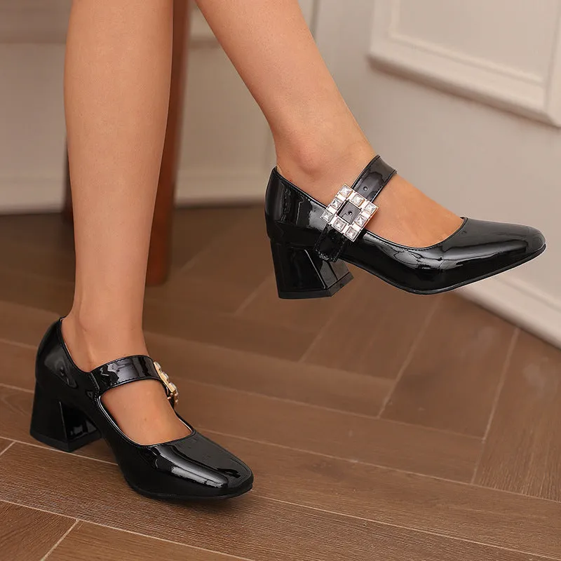 Round Toe Block Medium Heel Women's One-button Lacquered Shallow Mouth Retro Elegant Heels