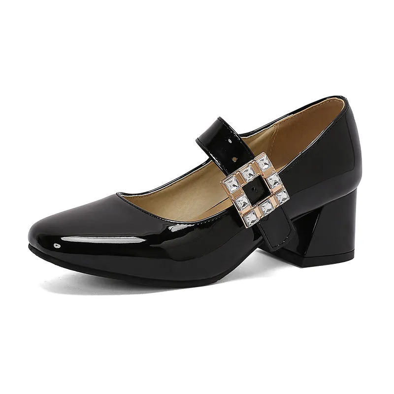 Round Toe Block Medium Heel Women's One-button Lacquered Shallow Mouth Retro Elegant Heels