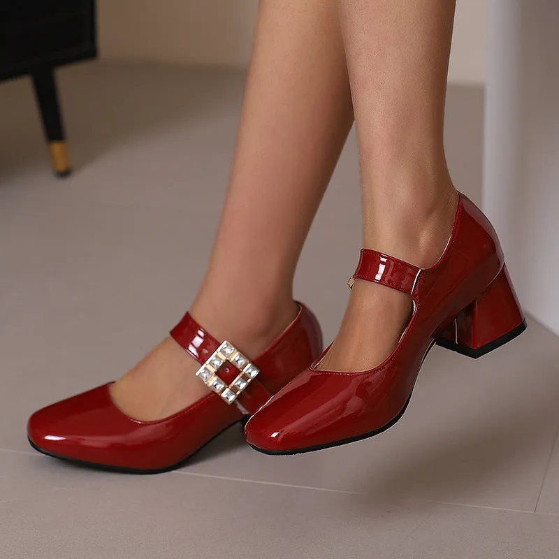 Round Toe Block Medium Heel Women's One-button Lacquered Shallow Mouth Retro Elegant Heels