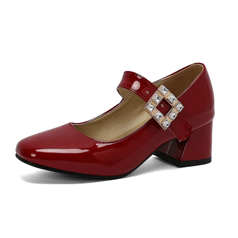Round Toe Block Medium Heel Women's One-button Lacquered Shallow Mouth Retro Elegant Heels