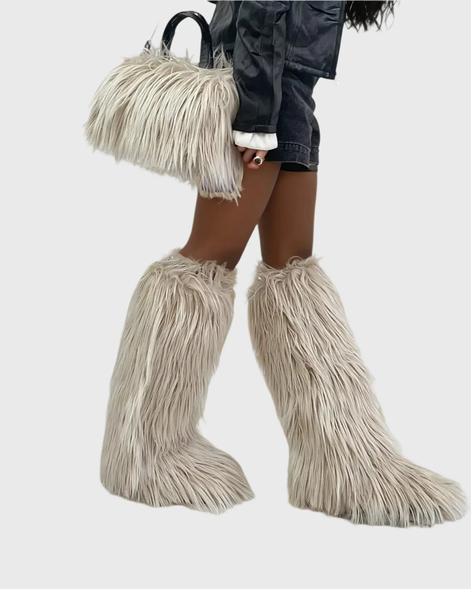 Sabine Faux Fur Knee High Boots In Beige