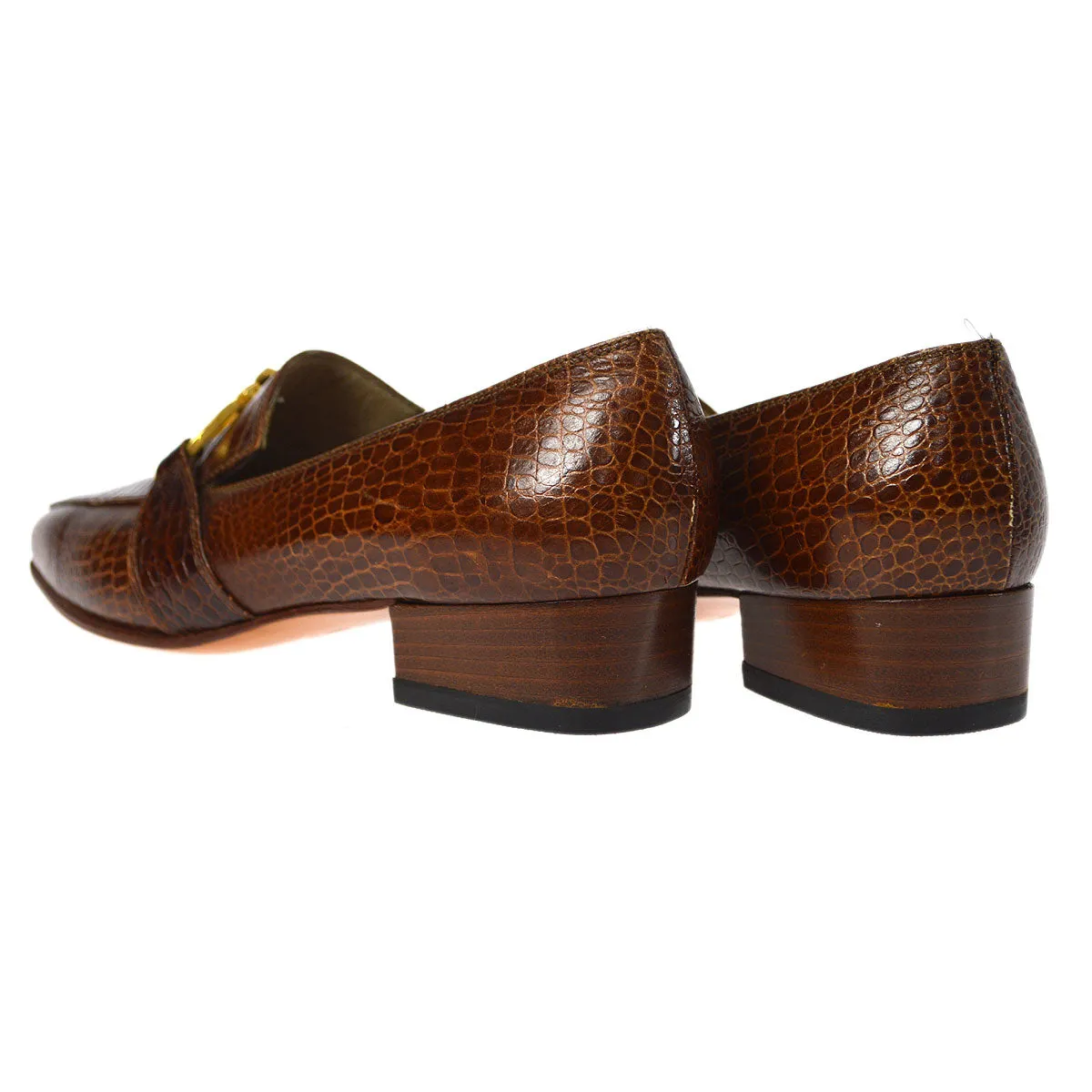 Salvatore Ferragamo Brown Embossed Leather Gancini Loafers Shoes #4
