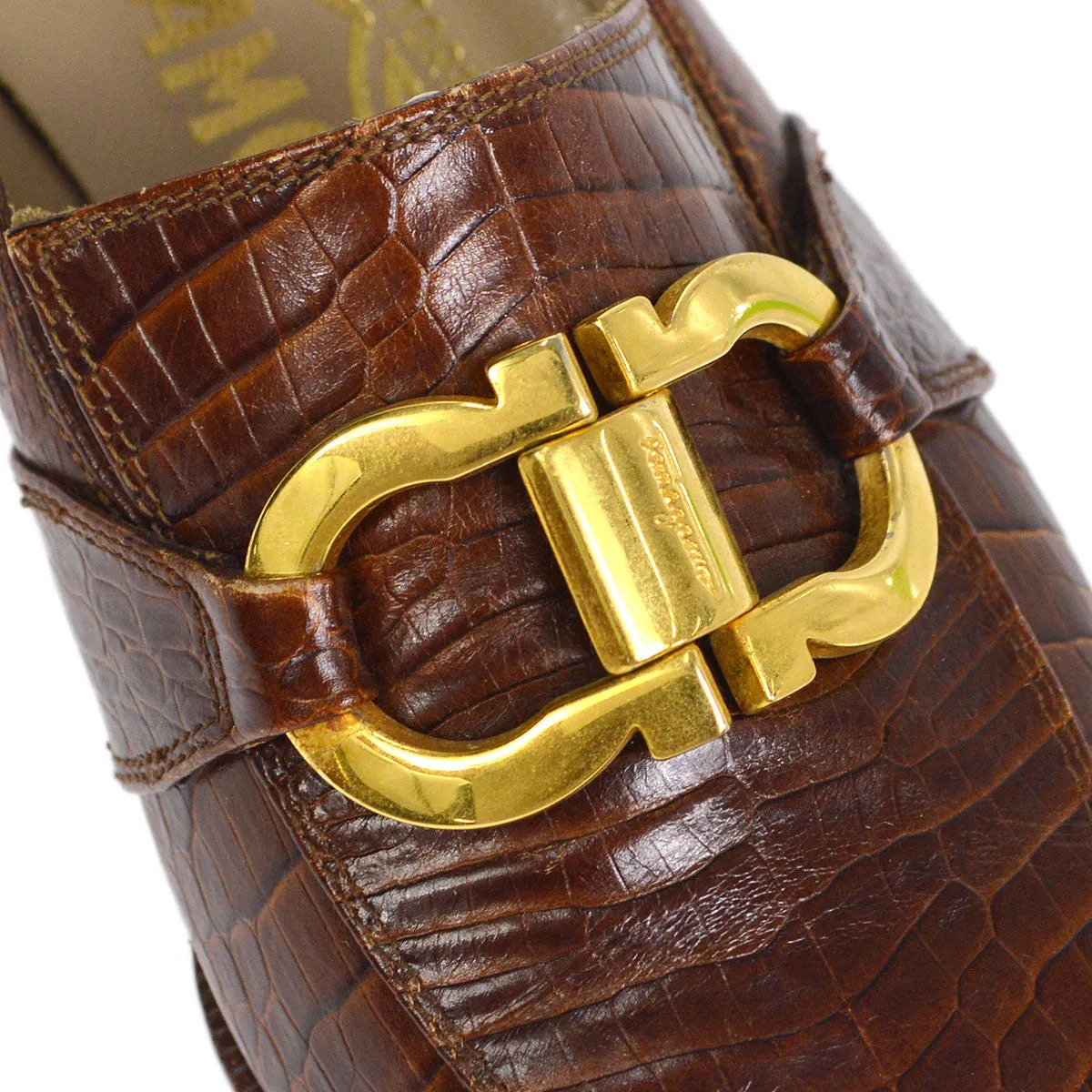 Salvatore Ferragamo Brown Embossed Leather Gancini Loafers Shoes #4