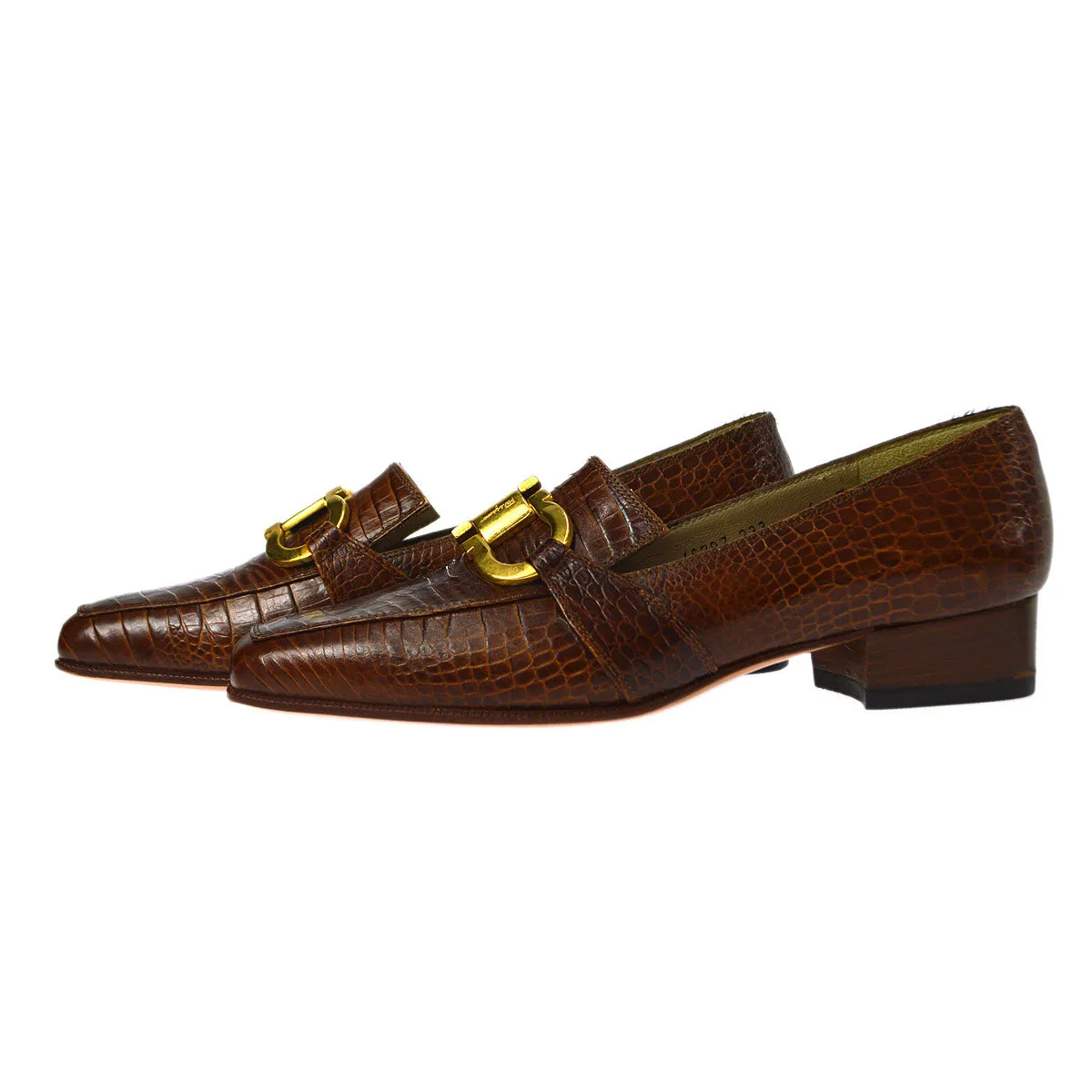 Salvatore Ferragamo Brown Embossed Leather Gancini Loafers Shoes #4